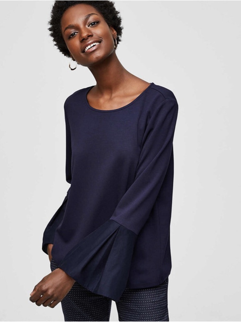 Ellos Plus Size Tiered Flared/Bell Sleeve Blouse in navy blue